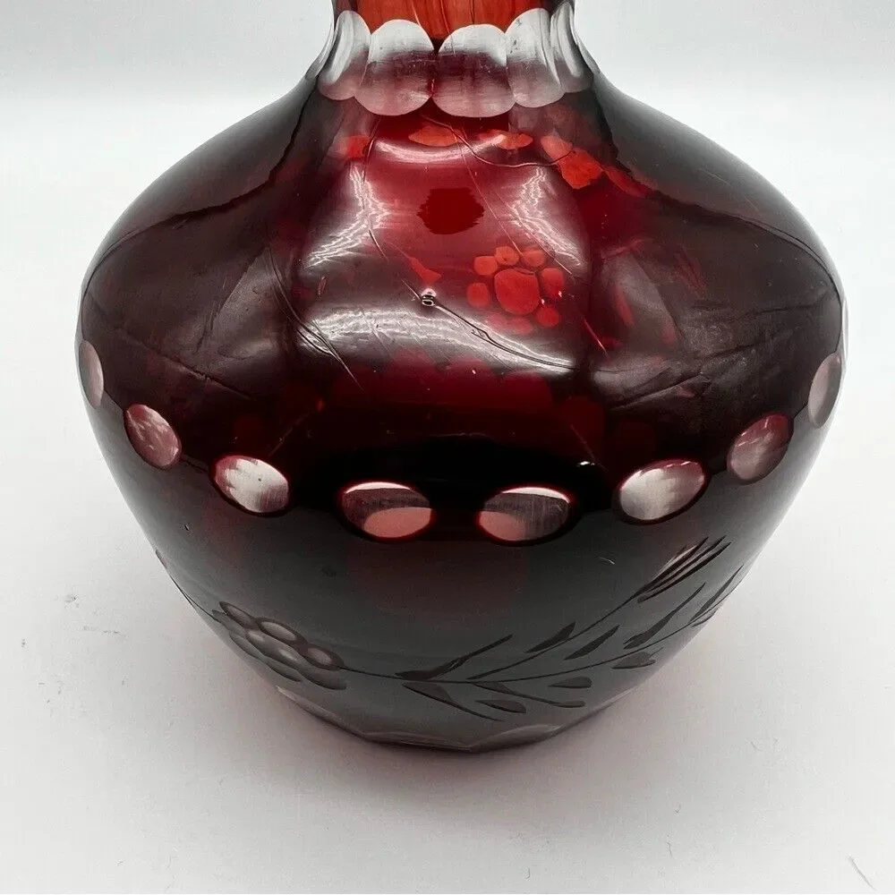 Vintage Czech Bohemian Ruby Red Cut To Clear Floral Etched Glass Decanter Vase